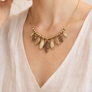 Worthington Gold Tone Brown Tan Resin Fringe Statement Necklace